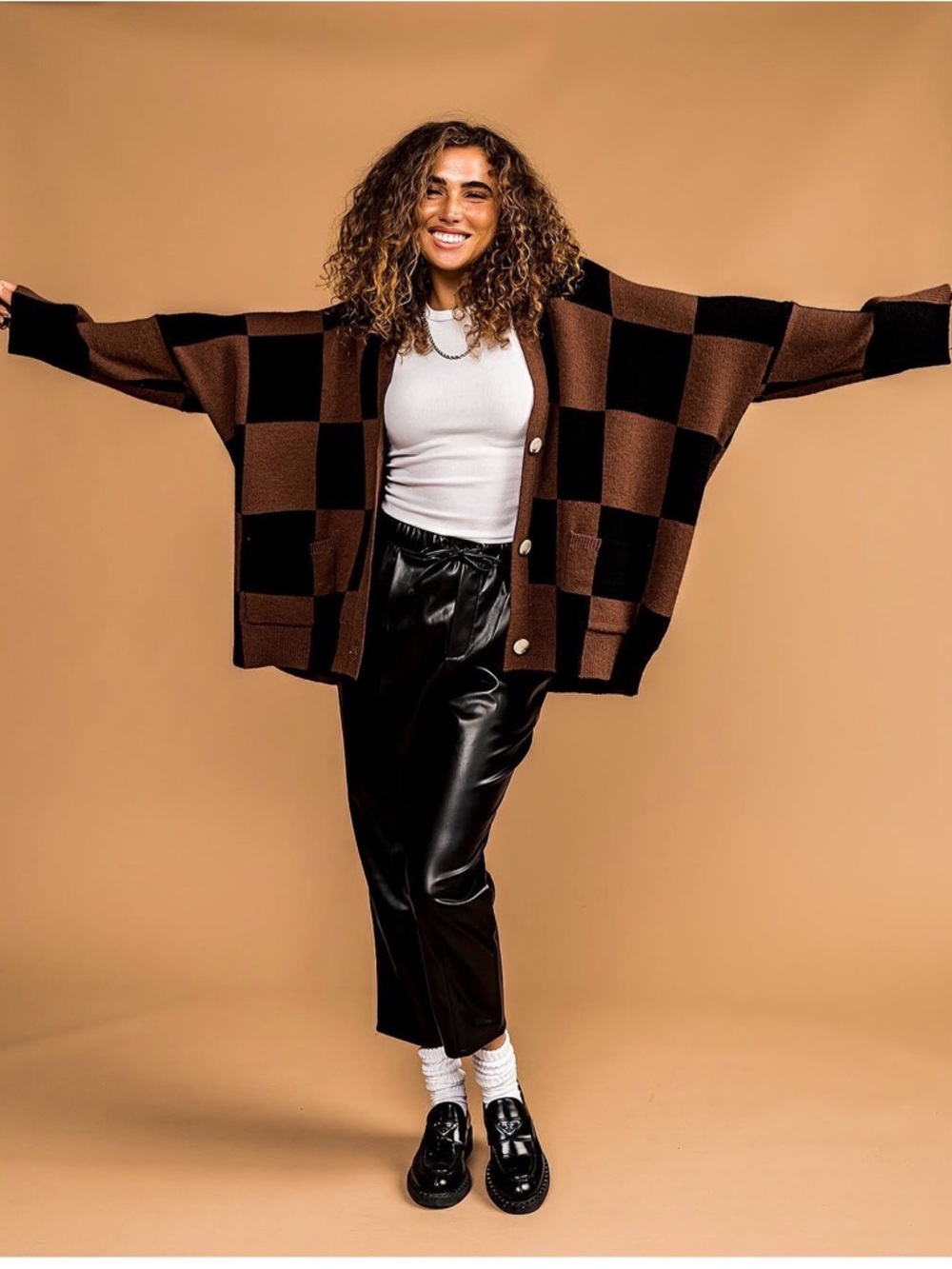 Dressed in LALA Black and Brown Checkered V-Neck Cardigan - Picture 3 of 4